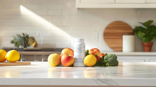 Premium colon health supplement bottle surrounded by fresh fruits and vegetables, symbolizing digestive wellness