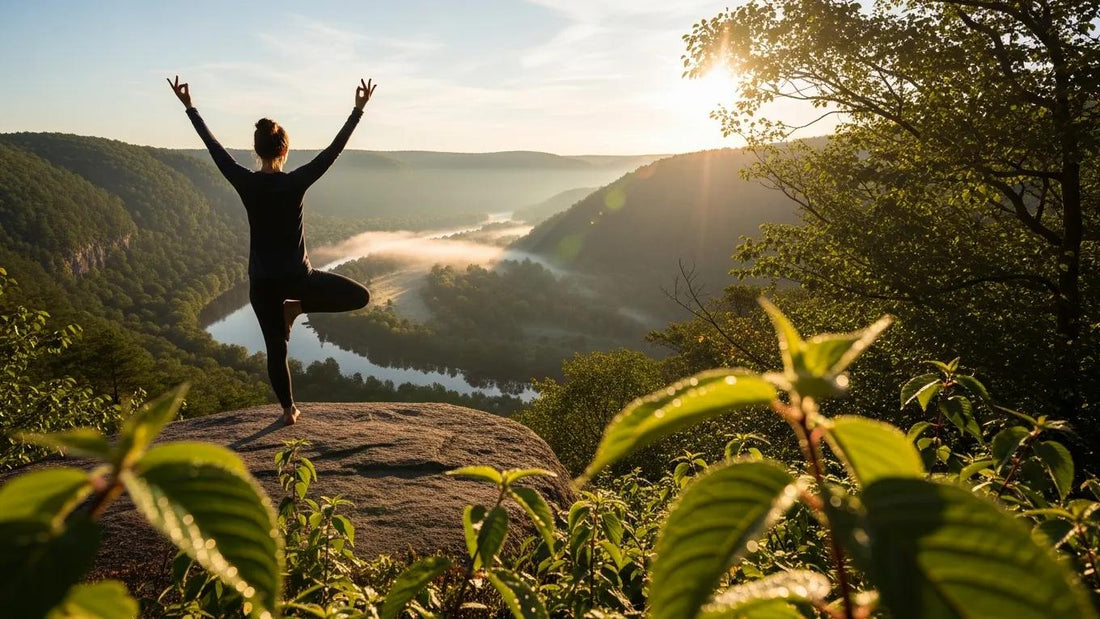 Person practicing yoga in nature, symbolizing intentional living and holistic health