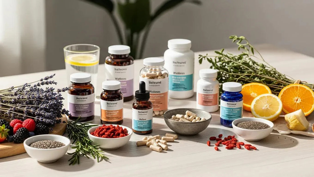 A collection of clean wellness supplements displayed on a wooden table, emphasizing health and vitality