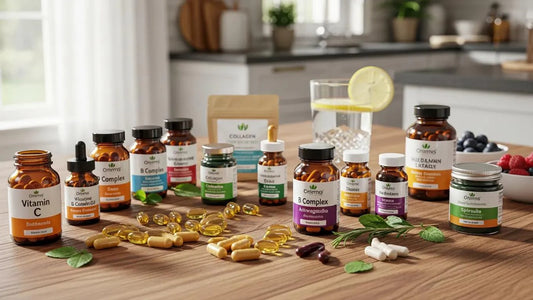 A colorful display of wellness supplements on a kitchen table, highlighting the importance of evidence-based health choices