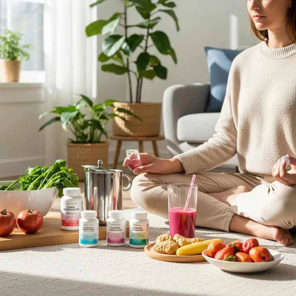 A person practicing intentional living with clean supplements and healthy foods in a bright, serene environment