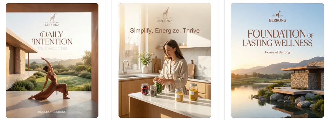 Wellness-themed images featuring a woman practicing yoga and preparing healthy food.