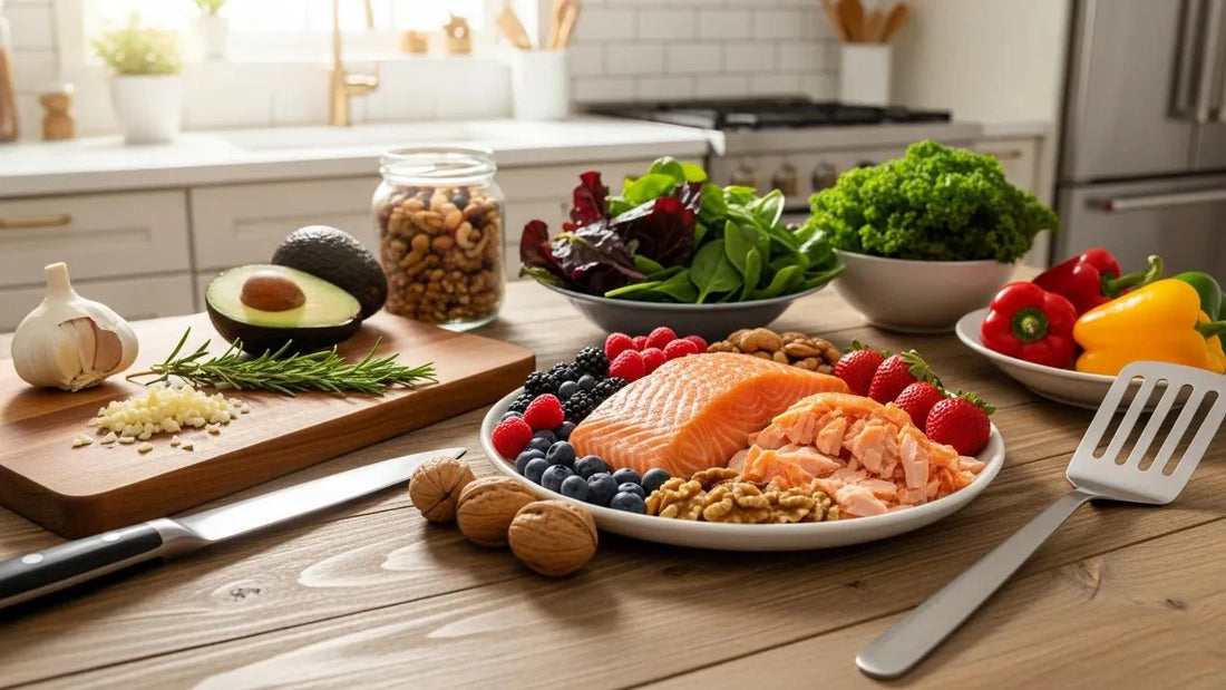 Colorful assortment of brain-boosting foods including salmon, walnuts, and berries in a bright kitchen setting