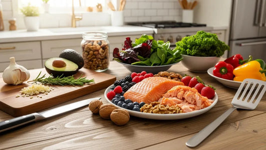 Colorful assortment of brain-boosting foods including salmon, walnuts, and berries in a bright kitchen setting