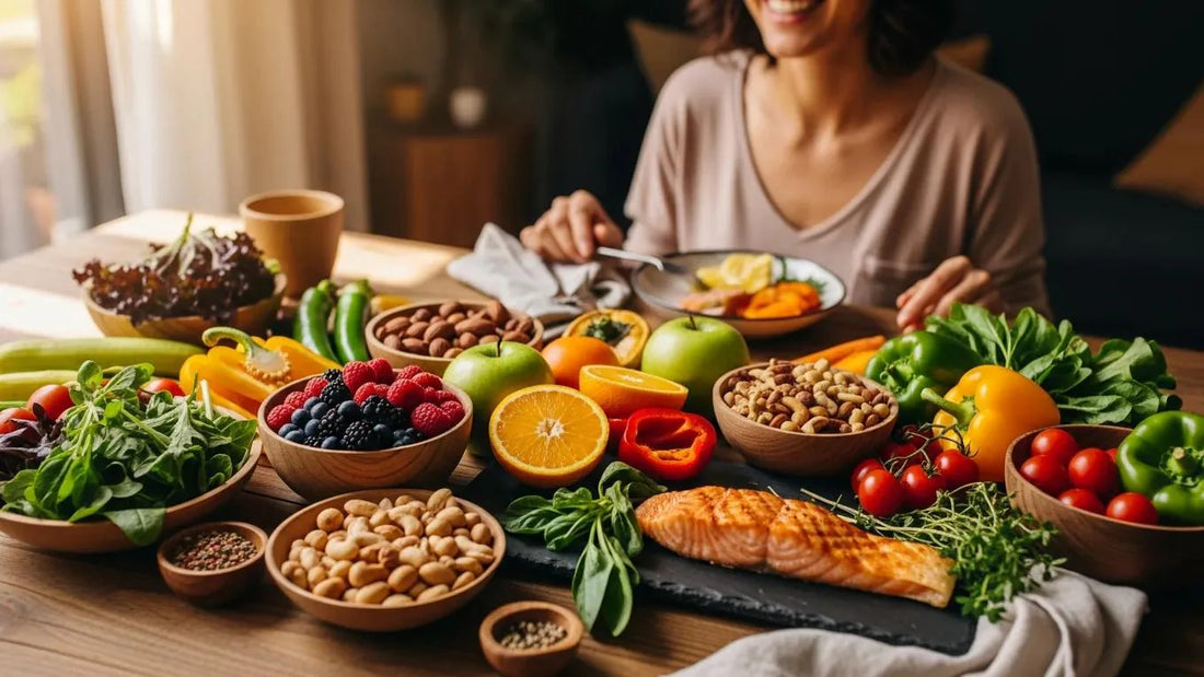 Colorful healthy foods representing the connection between nutrition and emotional health