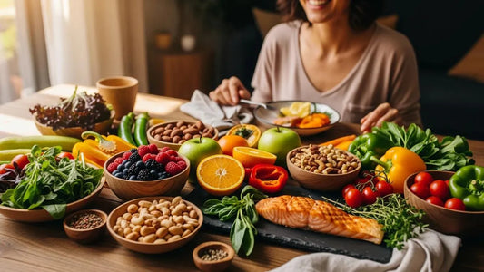 Colorful healthy foods representing the connection between nutrition and emotional health