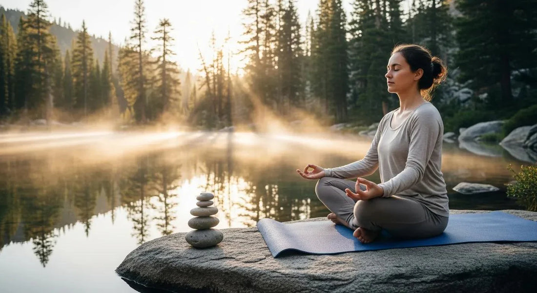 Mindful individual practicing meditation in a serene natural environment, emphasizing true wellness and intentional habits