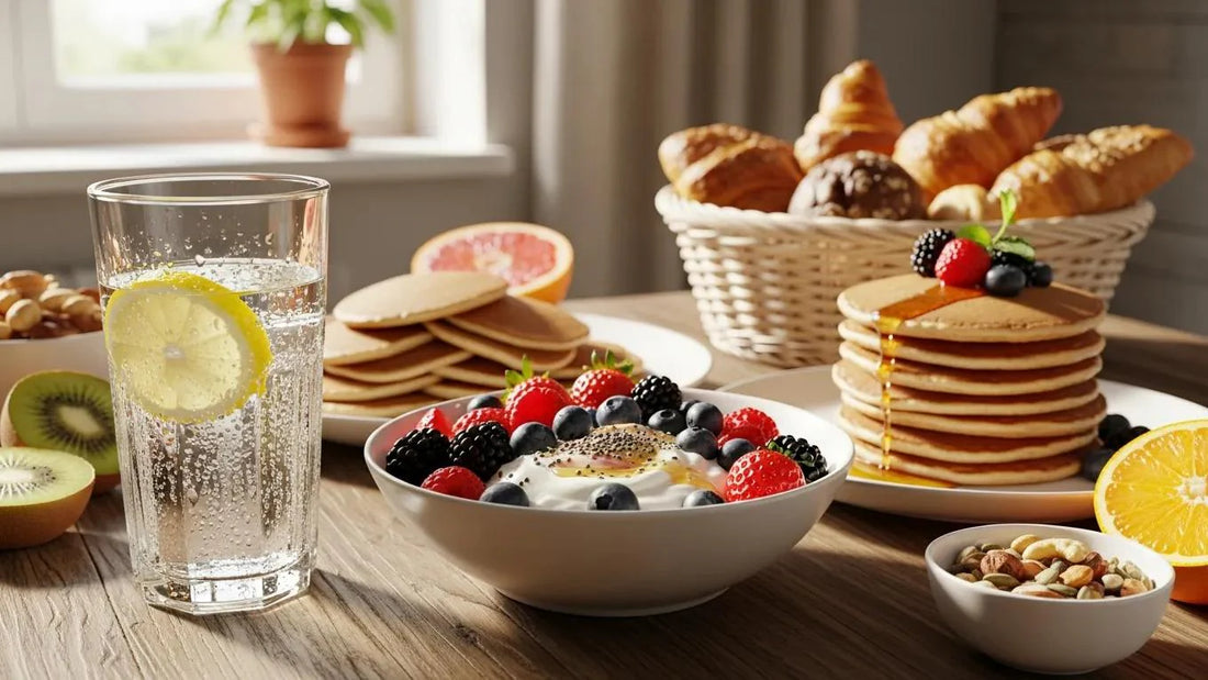 Healthy breakfast spread with fruits and whole grains representing natural energy sources