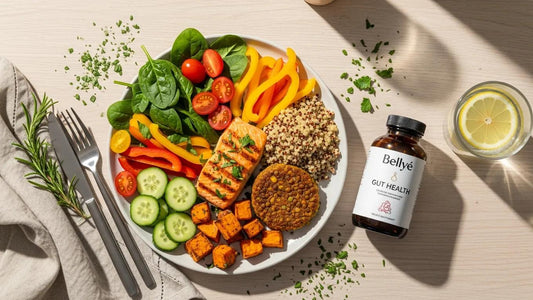 Healthy meal with fresh vegetables and Bellyé Gut Health supplement, promoting gut wellness