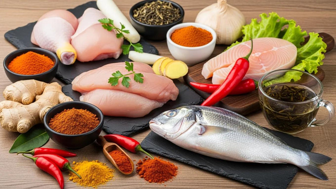 Natural foods that enhance metabolism including lean proteins, spices, and green tea