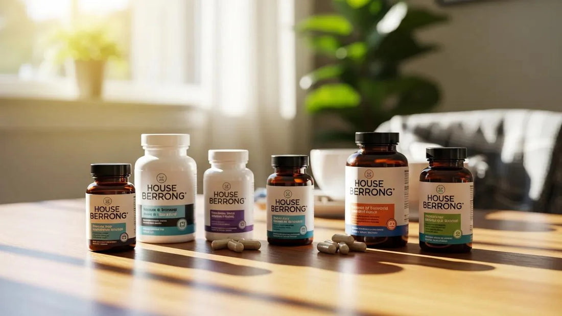 Premium wellness supplements from House of Berrong displayed on a wooden table in a serene setting