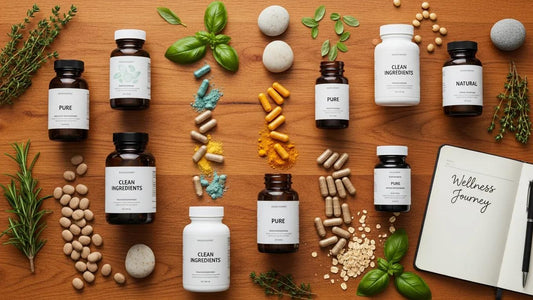 Variety of clean ingredient supplements on a wooden table with fresh herbs, emphasizing wellness and safety